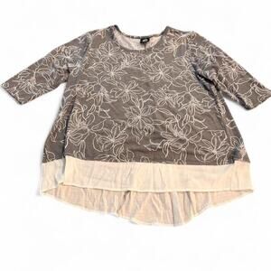 Bobeau Plus Size 2X Grey Floral Knit Tunic Split Button Back Chiffon Hem Top
